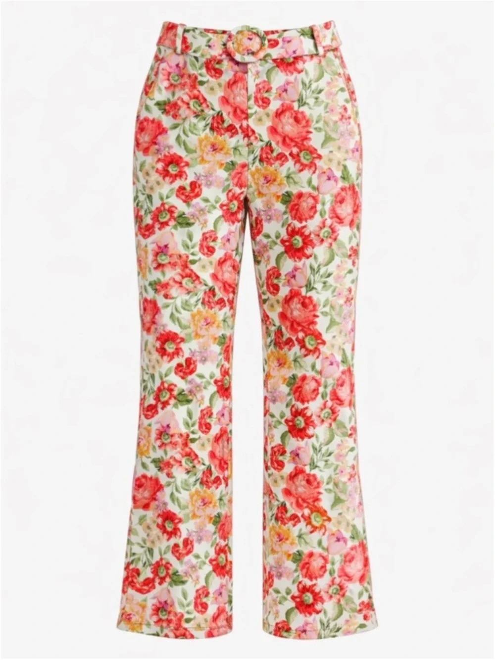 Mango linen cotton floral straight leg pant Size 4 belted Cottagecore Feminine